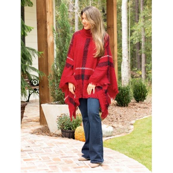 Easy On Me Plaid Turtleneck Poncho - Red - Picture 4 of 10